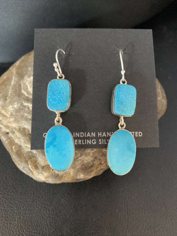 Blue Kingman Turquoise Navajo Dangle Earrings | Sterling Silver | Authentic Native American Handmade | 14079