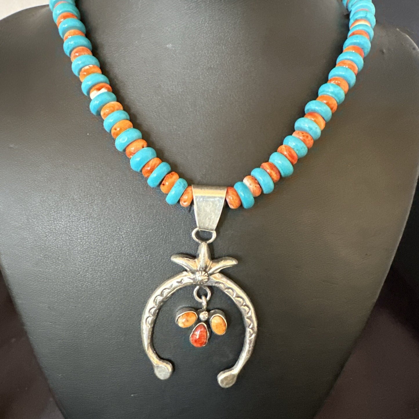 Mens Blue Turquoise Spiny Naja Pendant Navajo Sterling Silver Necklace 23" 17691