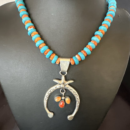 Mens Blue Turquoise Spiny Naja Pendant Navajo Sterling Silver Necklace 23" 17691