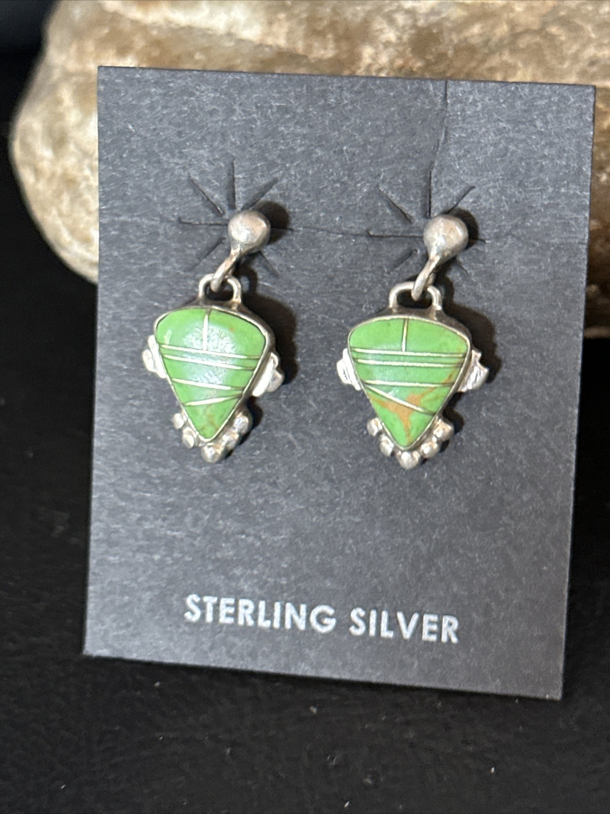 Green Gaspeite Navajo Sterling Silver Inlay 1" Earrings 14779