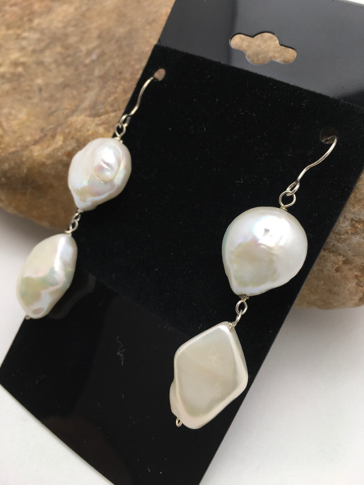 Beautiful White Sterling Silver Freshwater Pearl Dangle Earrings 1.5" 03078