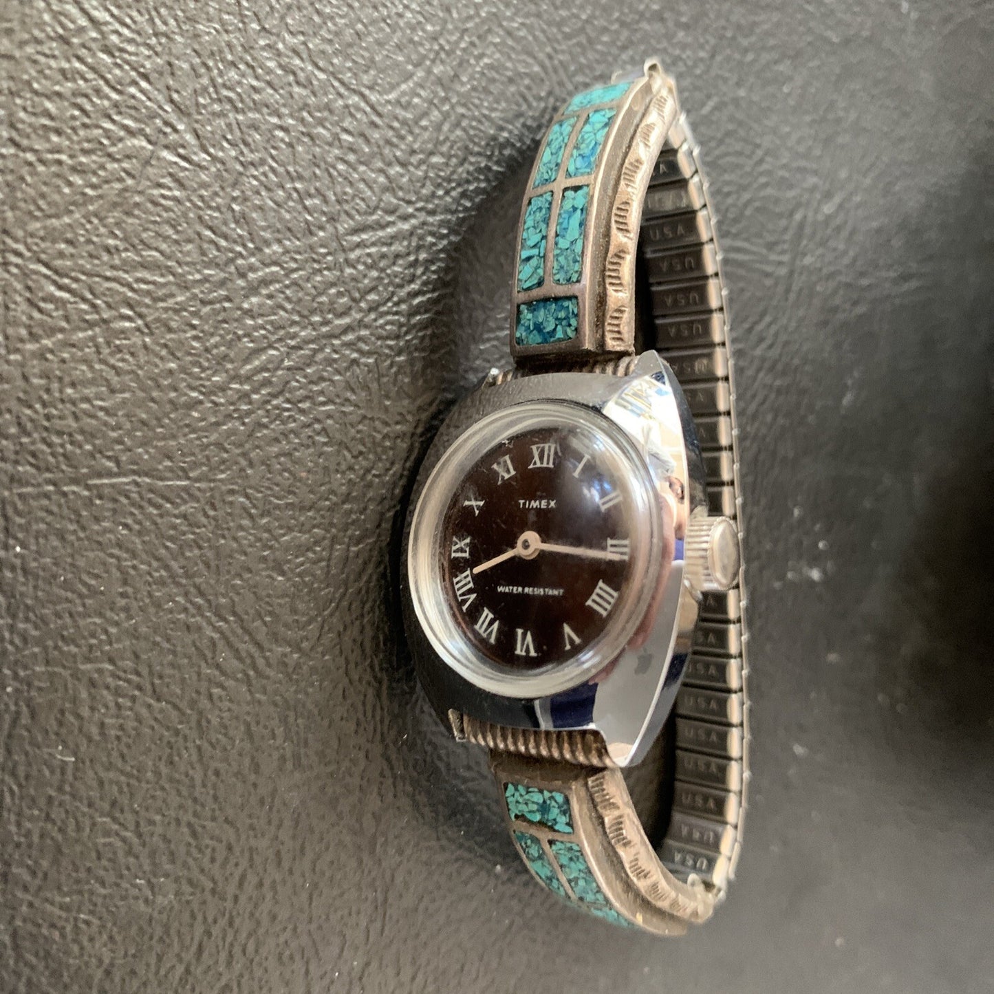 Blue Turquoise Chip Inlay Navajo Sterling Silver Old Pawn Watch Tips 1639