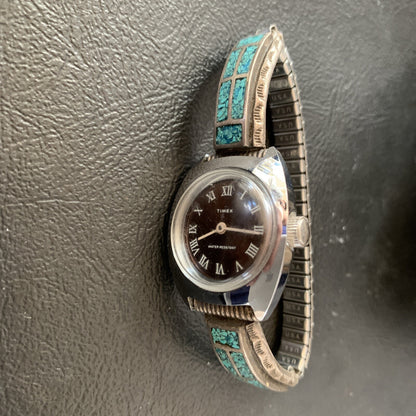Blue Turquoise Chip Inlay Navajo Sterling Silver Old Pawn Watch Tips 1639