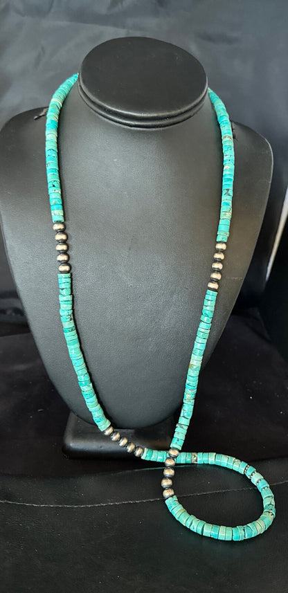 USA Blue Turquoise 21” Heishi Sterling Silver Bead Necklace 15164