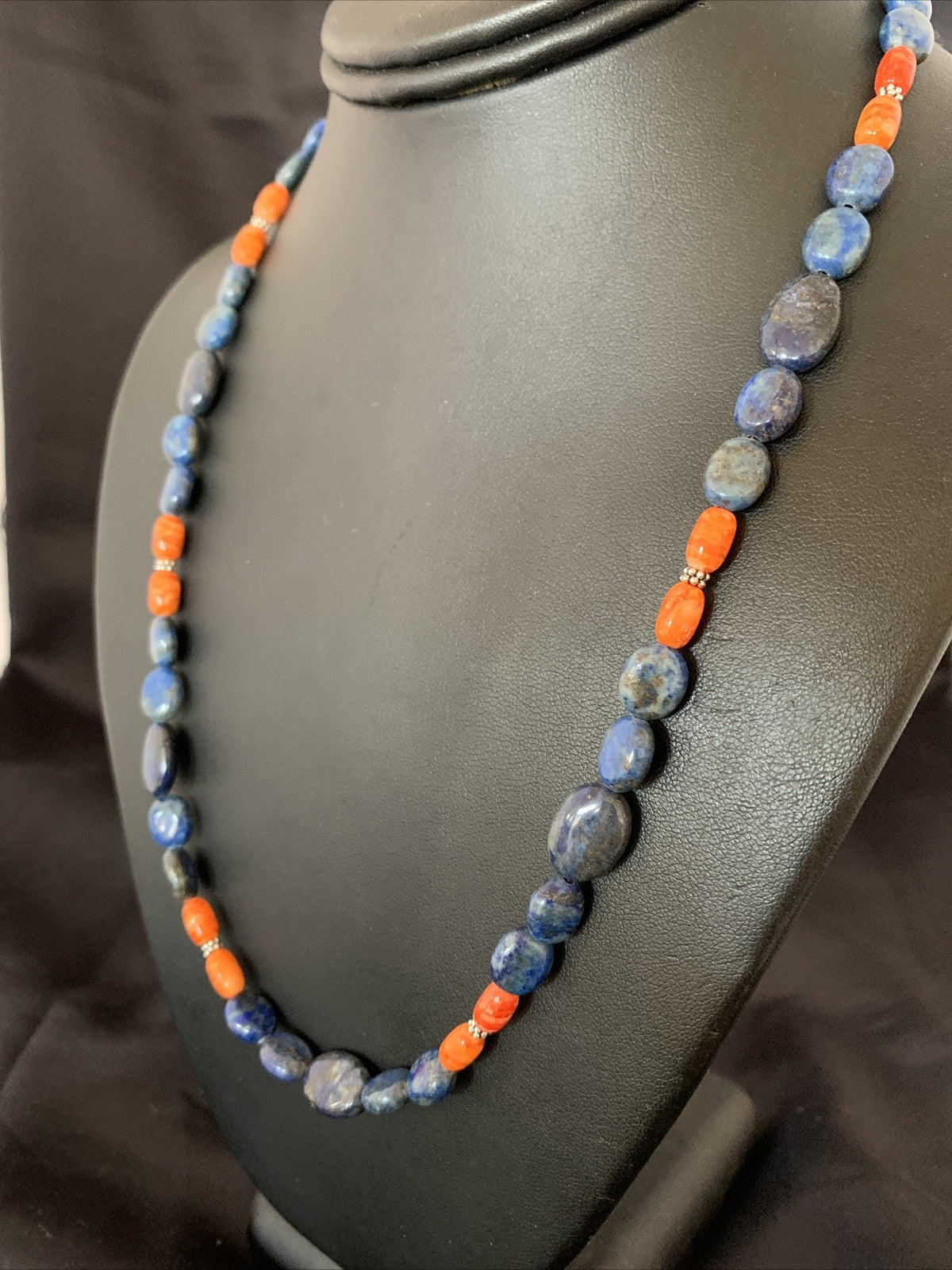 Mens Lapis Orange Spiny Oyster Navajo Pearls Sterling Silver Necklace 20" 01489