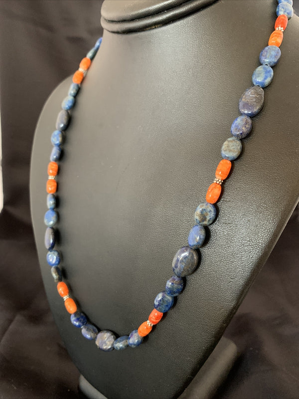 Men's Lapis Orange Spiny Oyster Navajo Pearls Necklace 20" | Sterling Silver | Authentic Native American Handmade | 01489