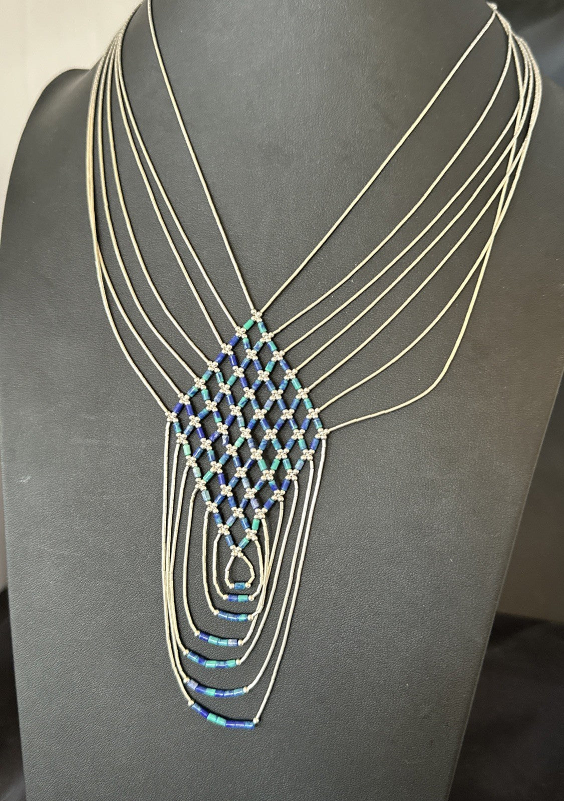 Azurite Heishi Tubes Pendant 7 Strand Liquid Sterling Silver Necklace 19751