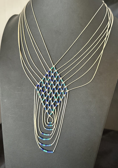 Azurite Heishi Tubes Pendant 7 Strand Liquid Sterling Silver Necklace 19751