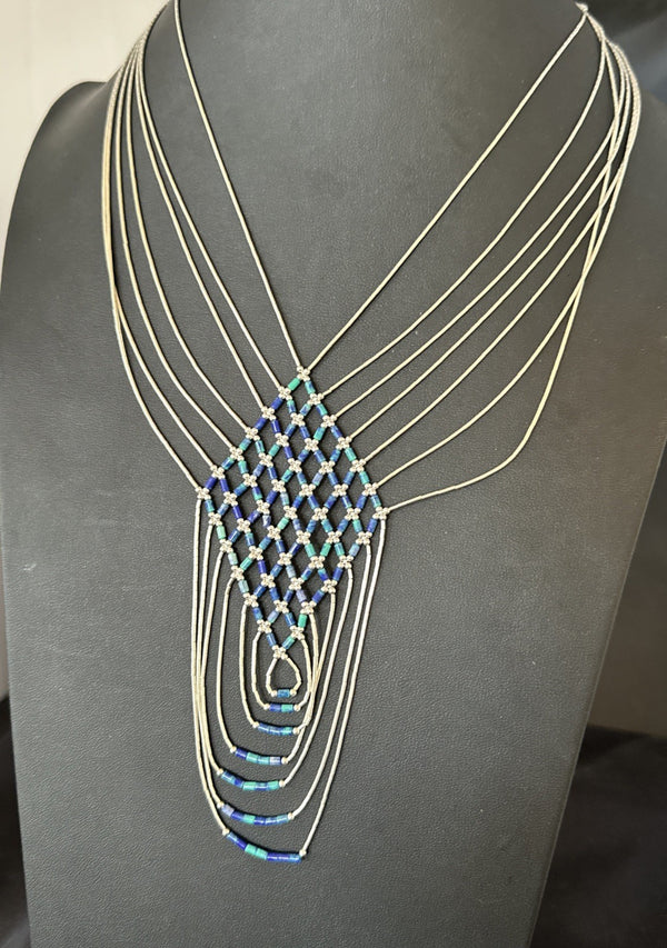 Azurite Heishi Tubes Pendant 7 Strand Liquid Necklace | Sterling Silver | Authentic Native American Handmade | 19751