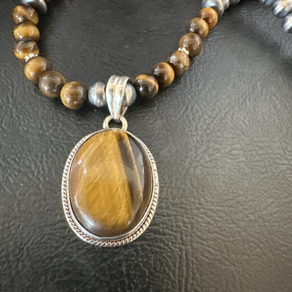 Coffee Brown Tigers Eye Sterling Silver Pendant Necklace Southwestern 18282