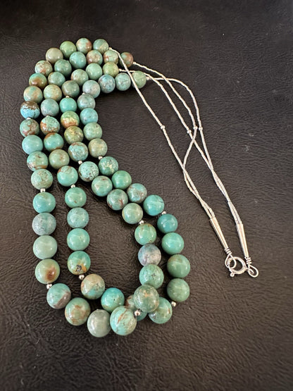 Native Turquoise Bead 2 Strand Navajo Sterling Silver Necklace 22” 19464