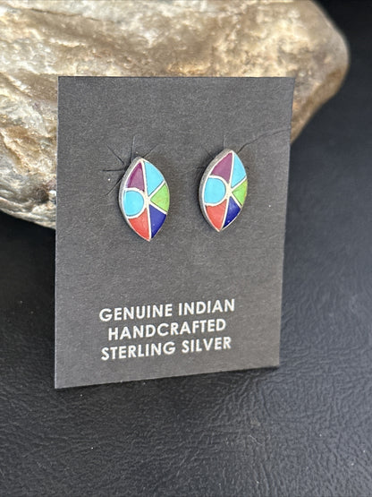 Blue Turquoise & Spiny Oyster Navajo Sterling Silver Inlay Earrings 0.5" 14767