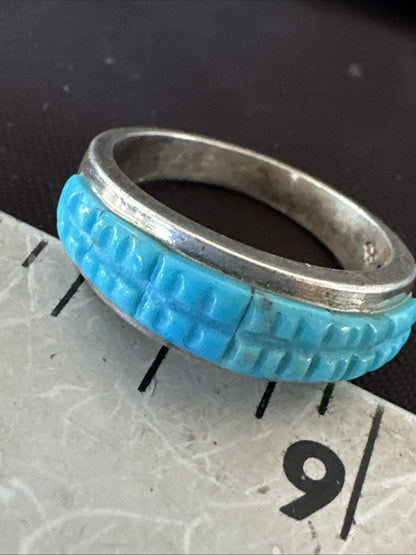 Blue Turquoise Navajo Sterling Silver Corn Inlay Band Ring Size 8.5 18815