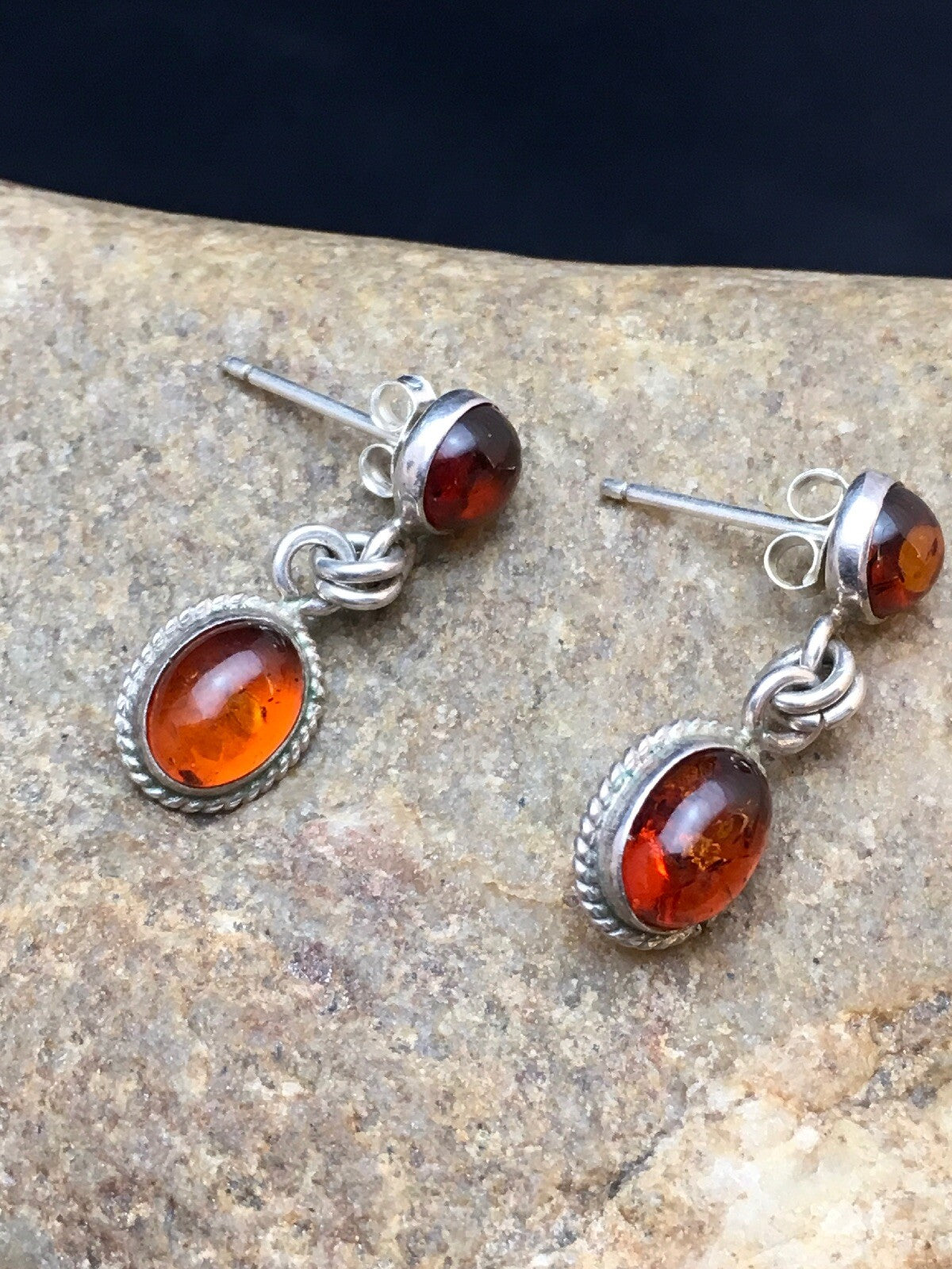 Native American Navajo Sterling Silver Gold Amber Dangle Earrings 13104