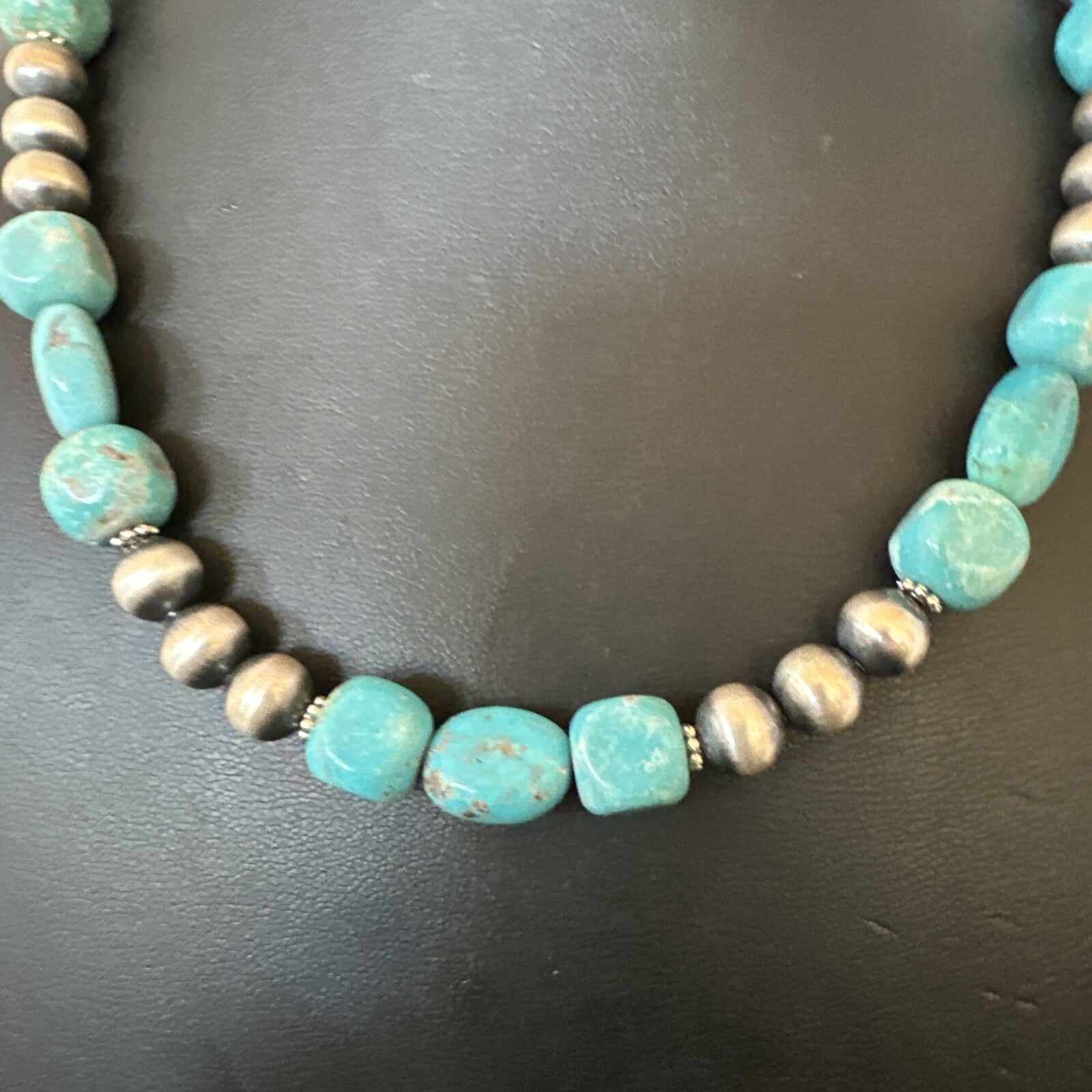 WoMens Blue Turquoise Nugget Navajo Pearls Sterling Silver Necklace 93416