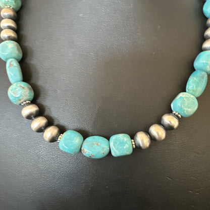 WoMens Blue Turquoise Nugget Navajo Pearls Sterling Silver Necklace 93416