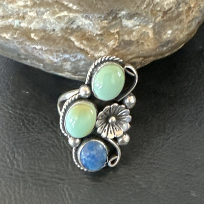 Yazzie Ring Green Turquoise Lapis Navajo Sterling Silver Cluster Size 8 19224