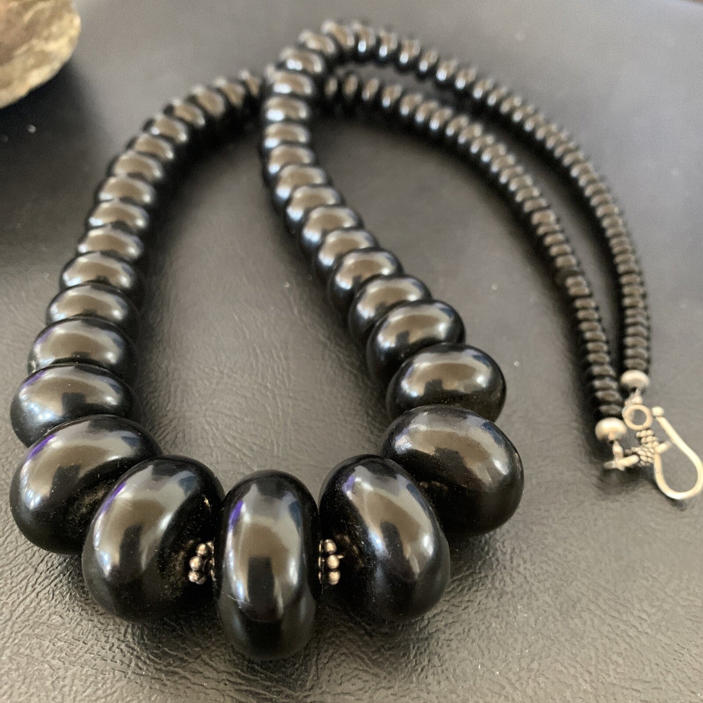 Black Jet Onyx Graduated Bead Navajo Pearls Sterling Silver Necklace 24" 12529