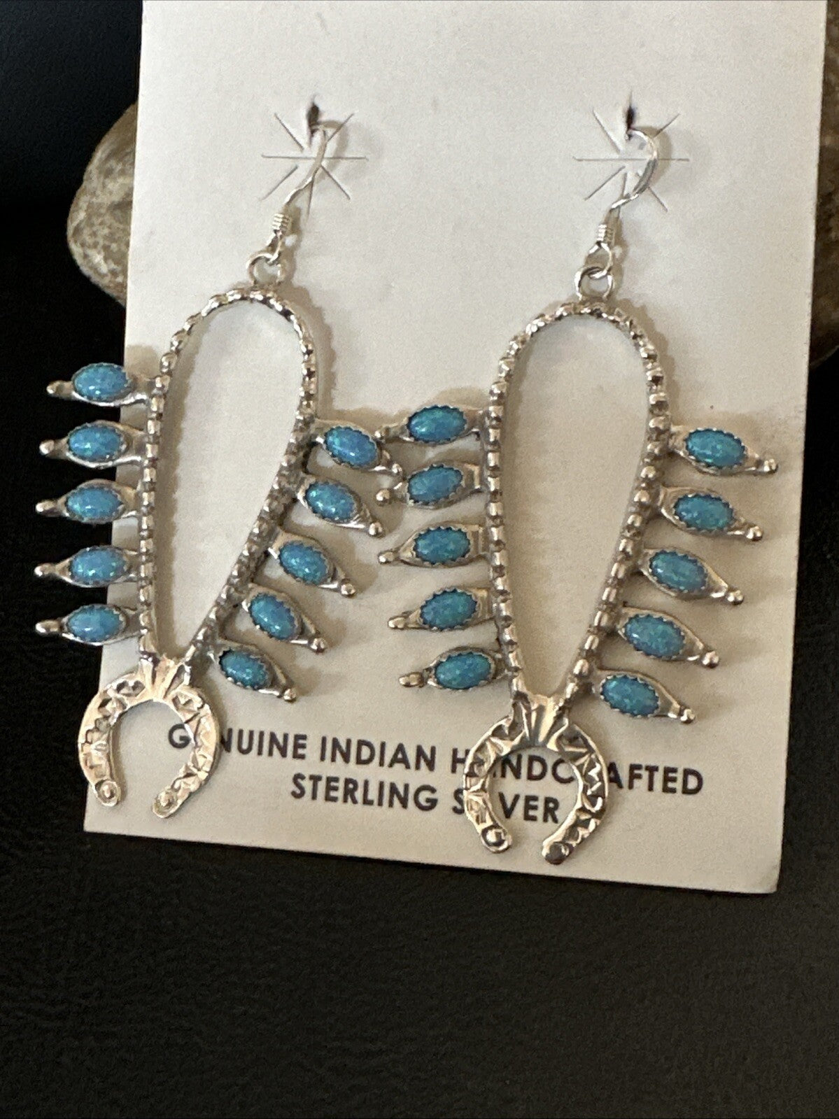 Womens Blue Opal Navajo Squash Blossom Sterling Silver Earrings 18549