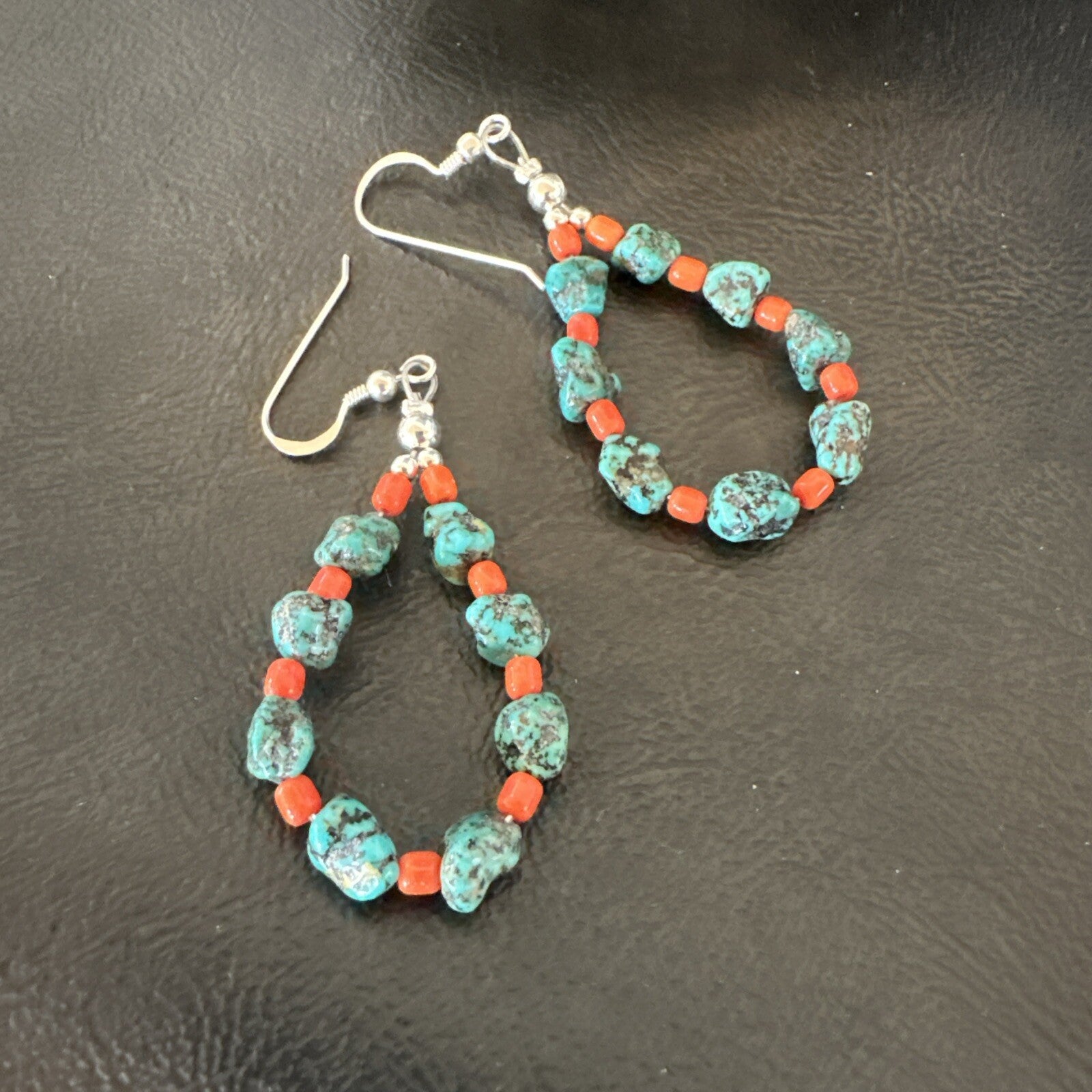 Blue Kingman Nugget Turquoise Coral Navajo Sterling Silver Earrings 2” 18836