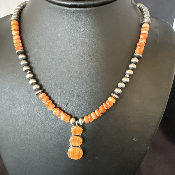 Navajo Pearls Necklace Orange Spiny Oyster Pendant 20" | Sterling Silver | Authentic Native American Handmade | 18264