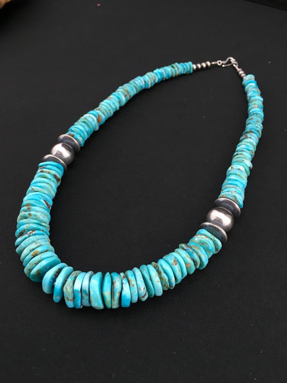 Native Blue Graduated Turquoise Navajo Sterling Silver Necklace 20" 04809