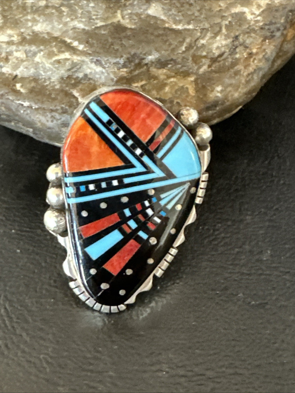 Cosmic Inlay Onyx Turquoise Spiny Navajo Sterling Silver Ring Size 9 19789