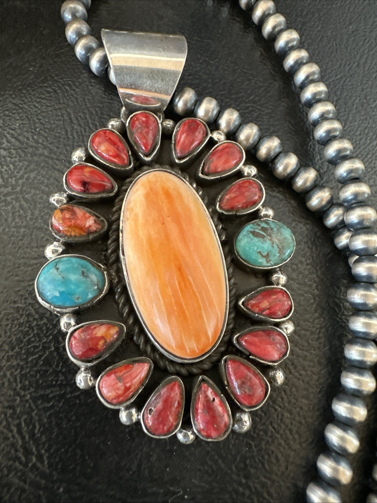 Multicolor Turquoise Spiny Navajo Sterling Silver Cluster Pendant Necklace 19564