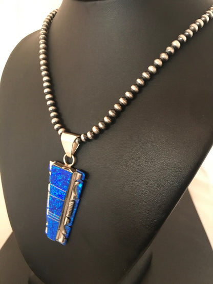 Blue Opal Pendant Navajo Pearls Beads Sterling Silver Necklace 08281
