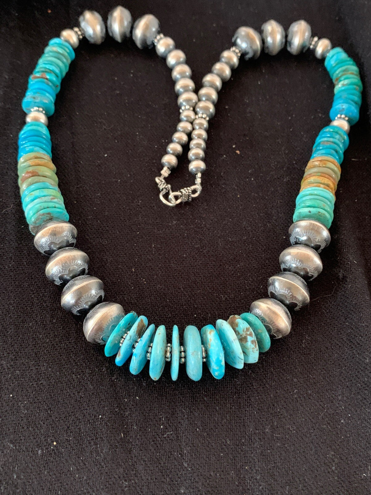 Blue Green Turquoise Beads Navajo Pearls Sterling Silver Necklace 4697