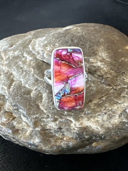 Blue Turquoise Spiny Oyster Southwestern Sterling Silver Ring Size 8 18486