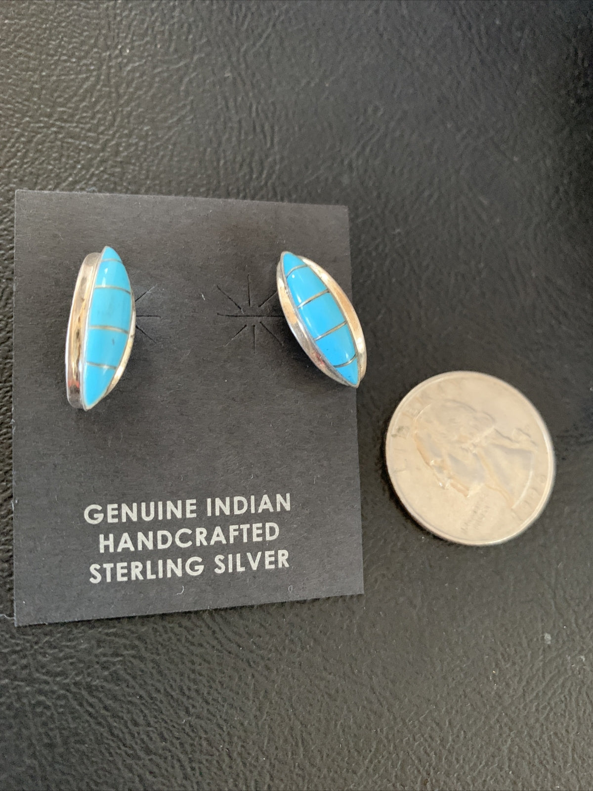 Southwestern Zuni Blue Turquoise Sterling Silver Inlay Hoop Earrings 0.75" 13023