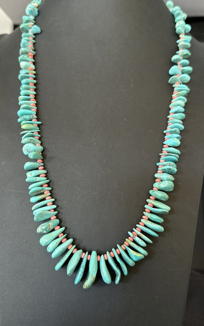 Mens Women Navajo Blue Turquoise Pink Coral Necklace Sterling Silver 28” 19746