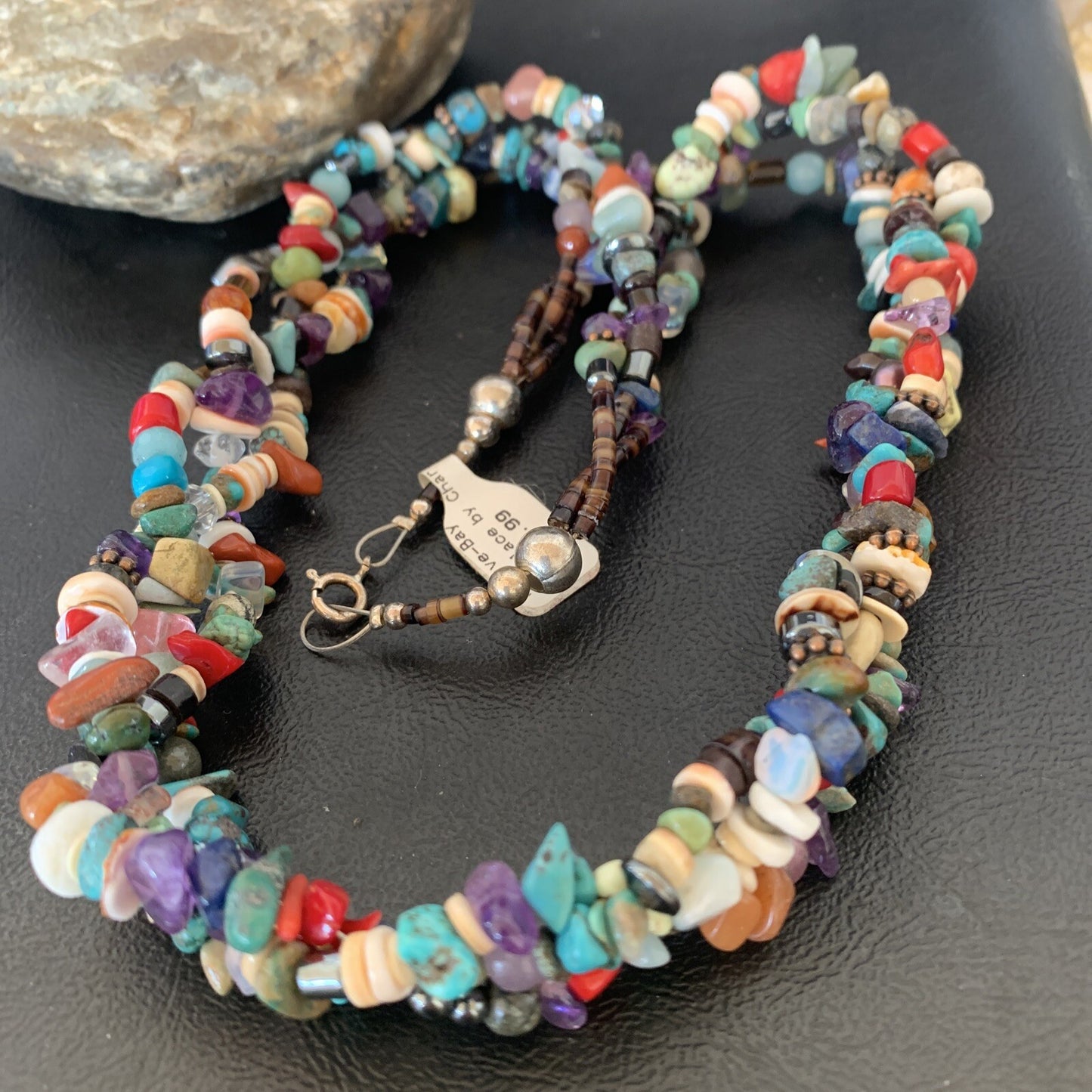 Turquoise & Coral 3 Strand Navajo Bead Sterling Silver Necklace 22” 10402