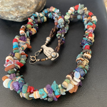Turquoise & Coral 3 Strand Navajo Bead Sterling Silver Necklace 22” 10402