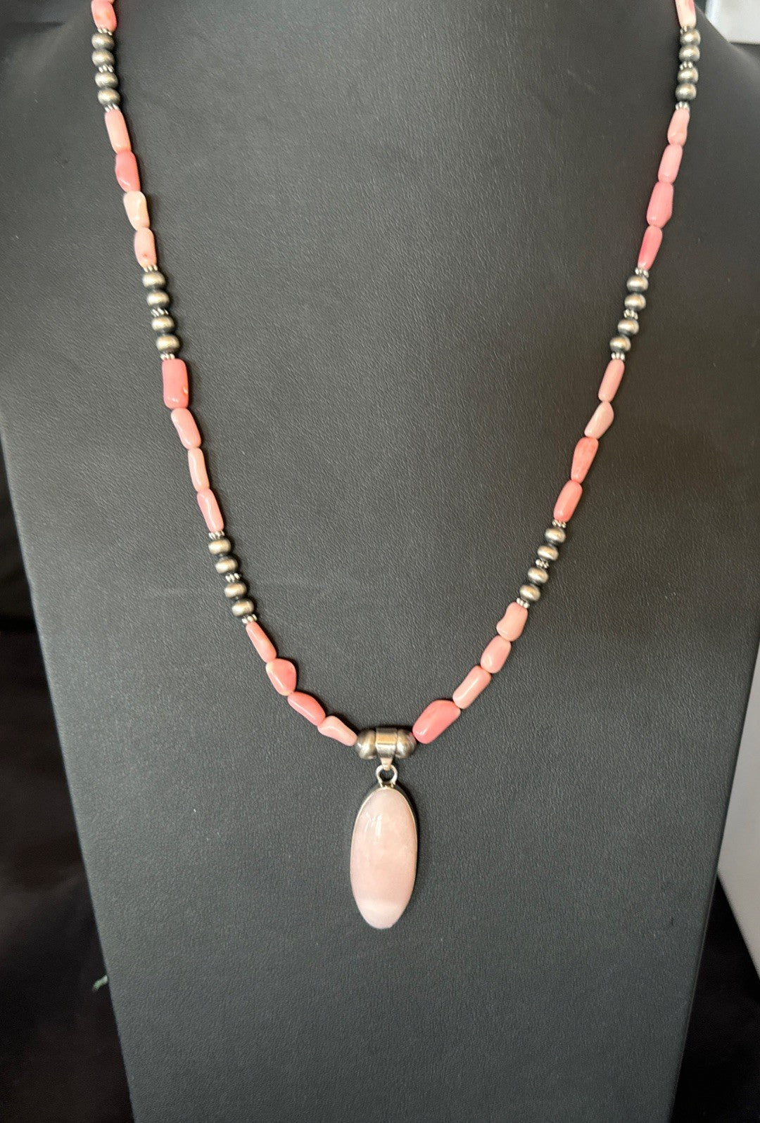 Southwestern Sterling Silver Pink Coral Bead Necklace Quartz Pendant 24" 19585