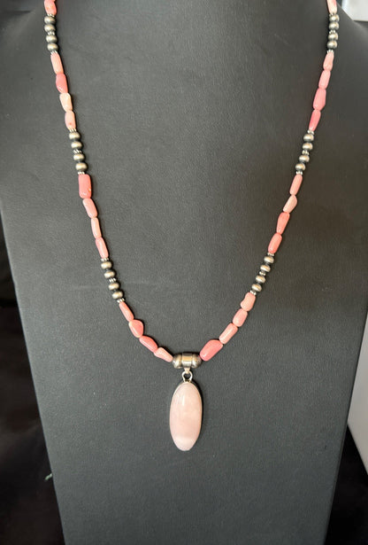 Southwestern Sterling Silver Pink Coral Bead Necklace Quartz Pendant 24" 19585