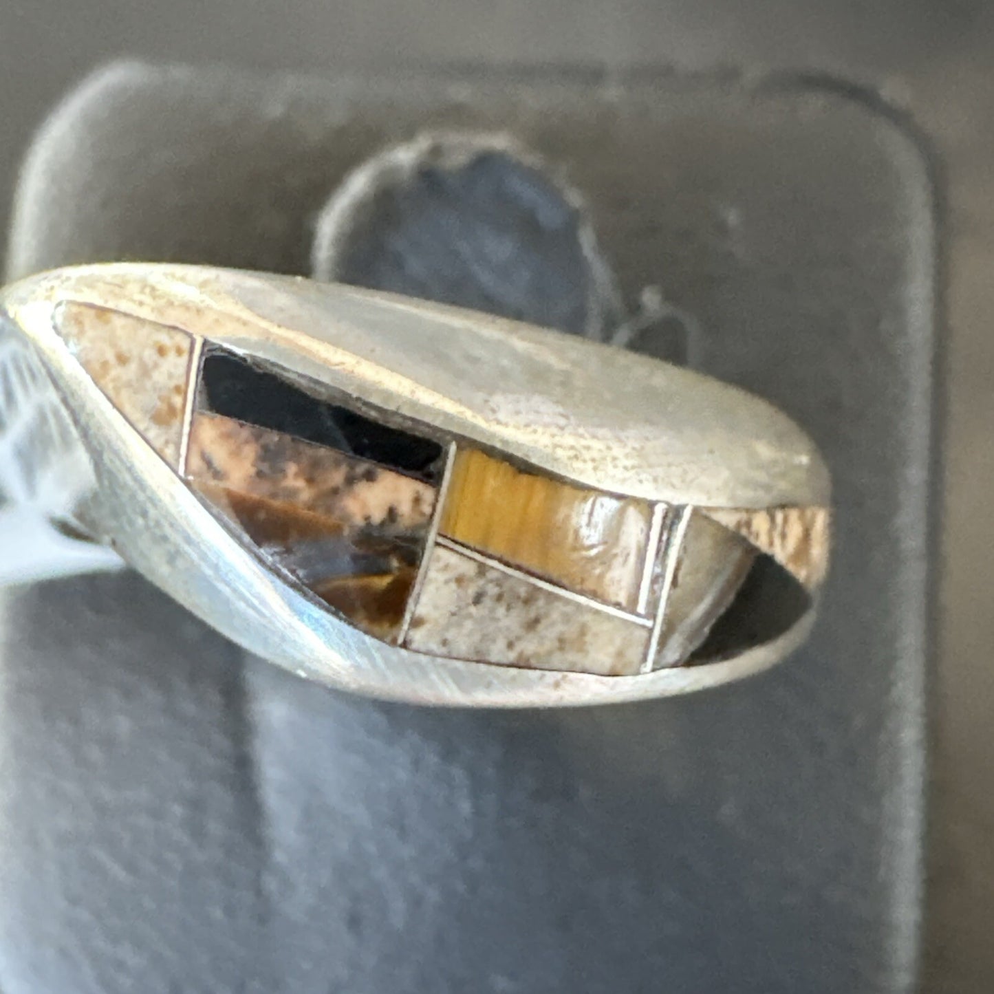Navajo Black Onyx Tiger's Eye Inlay Sterling Ring Size 6 18701