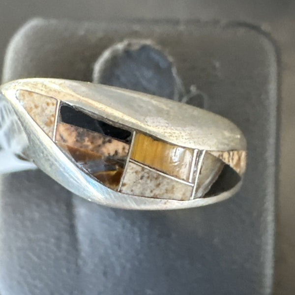 Navajo Black Onyx Tiger's Eye Inlay Ring Size 6 | Sterling Silver | Authentic Native American Handmade | 18701