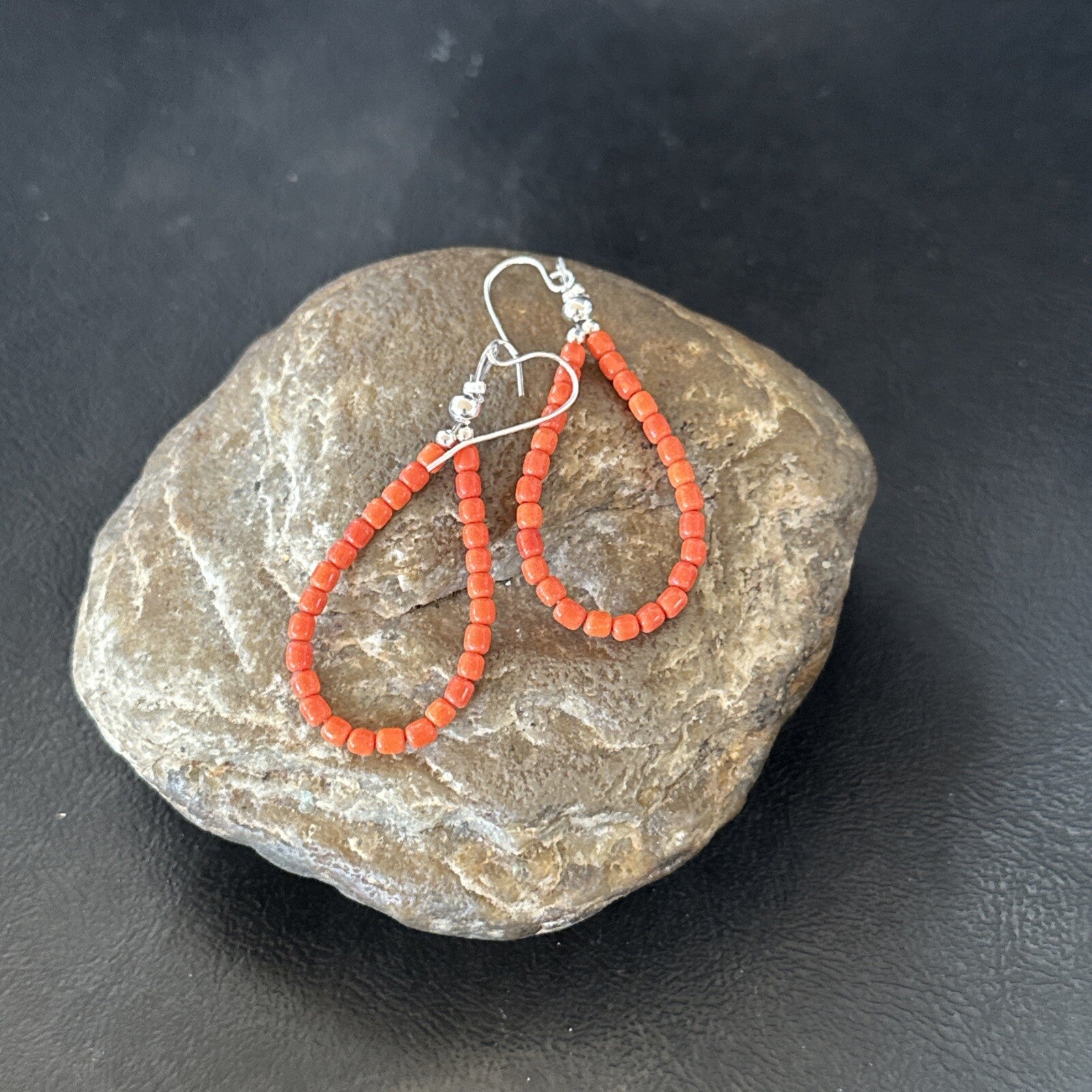 Red Coral Southwestern Sterling Silver Earrings 2” 18837