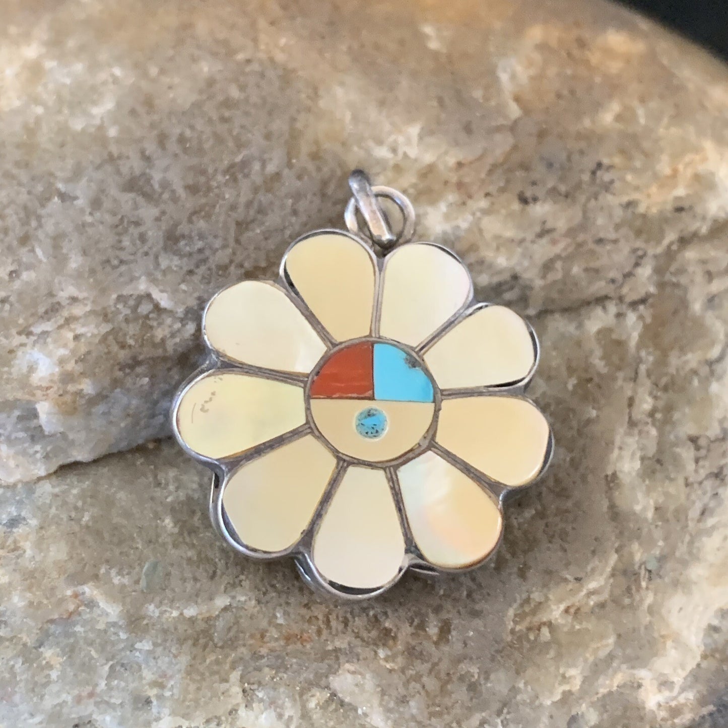 Mother Of Pearl Turquoise Spiny Inlay Zuni Sterling Silver 2 Sided Pendant 1683