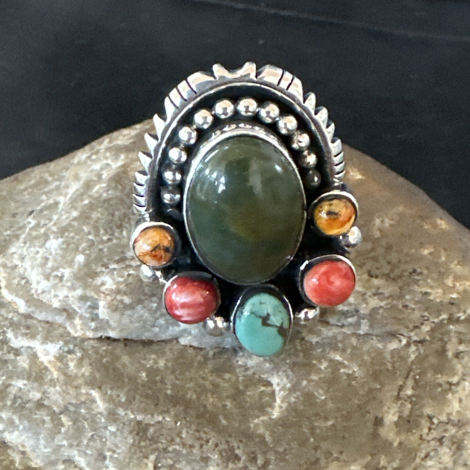 Cluster Blue Turquoise Spiny Oyster Sterling Silver Ring Size 8 18567