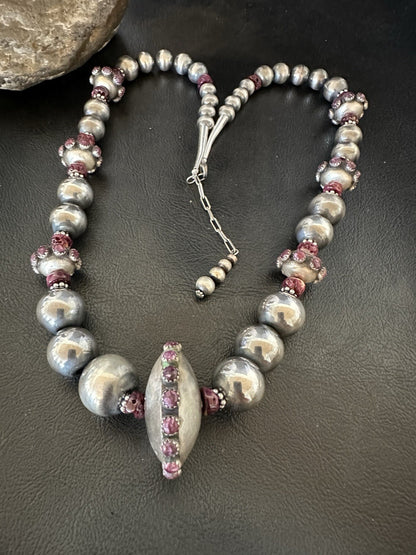 Purple Spiny Oyster Navajo Pearls Graduated Sterling Silver Necklace 23”19444