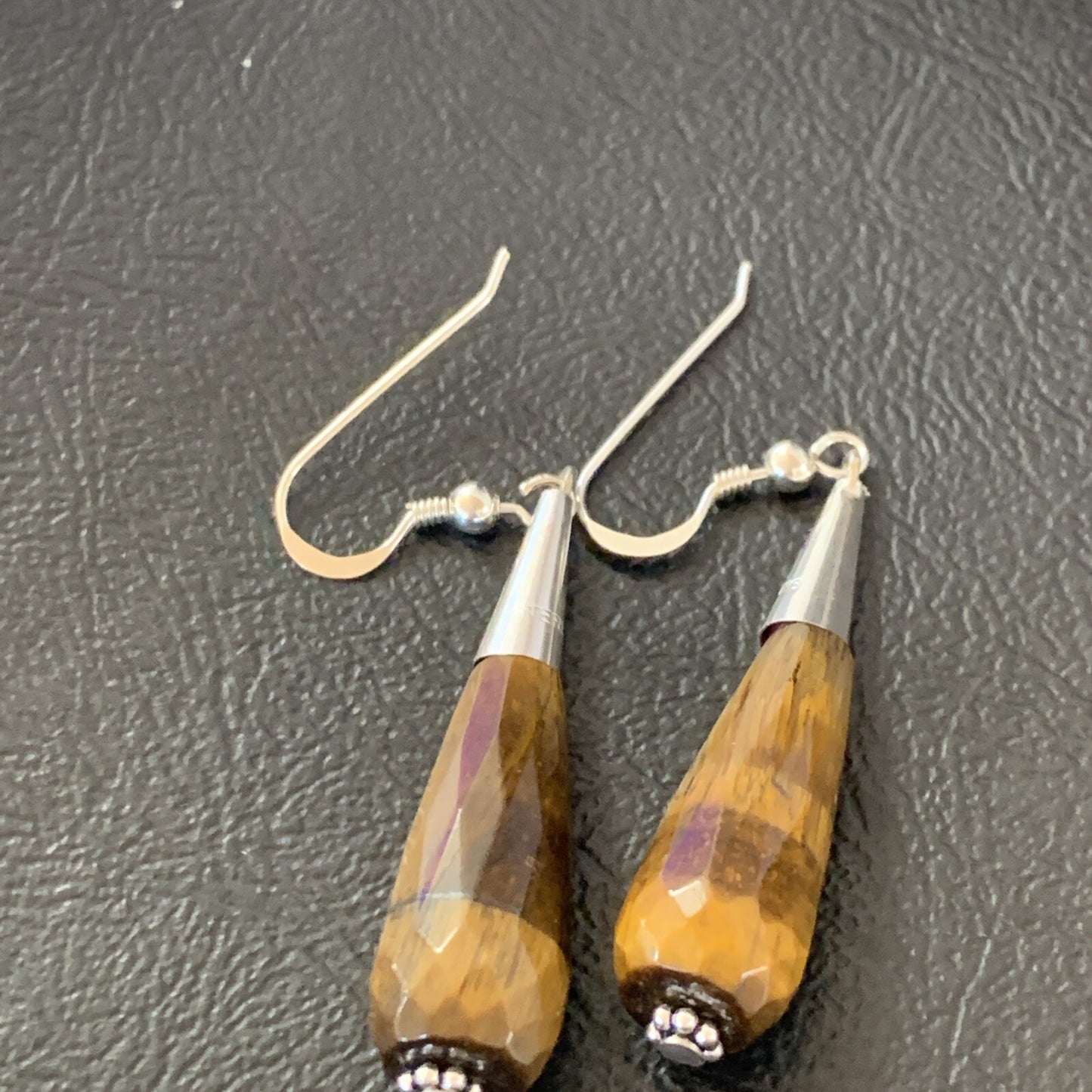 Coffee Tiger's Eye Navajo Sterling Silver Dangle Drop Bead Earrings 1.5" 11715