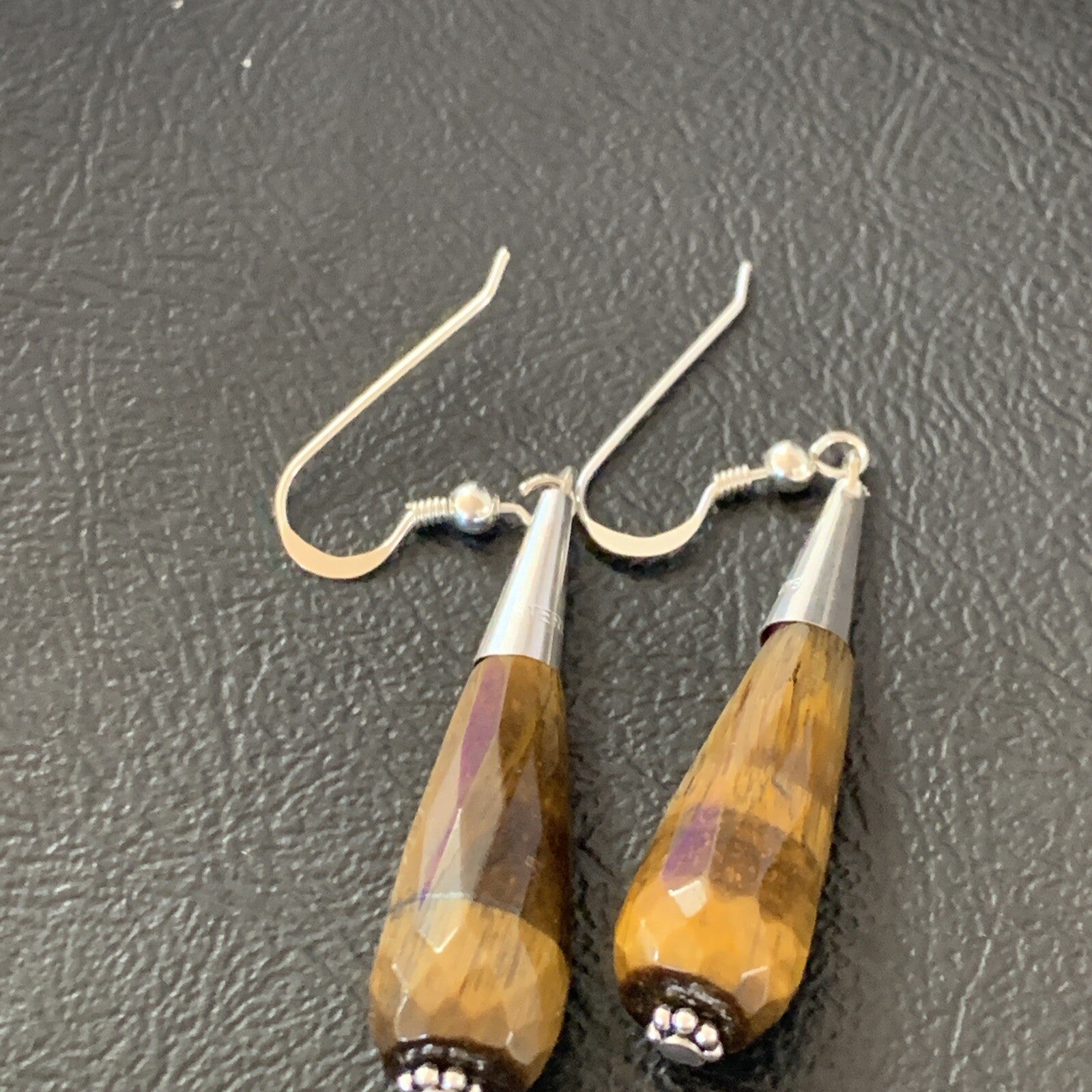 Coffee Tiger's Eye Navajo Sterling Silver Dangle Drop Bead Earrings 1.5" 11715