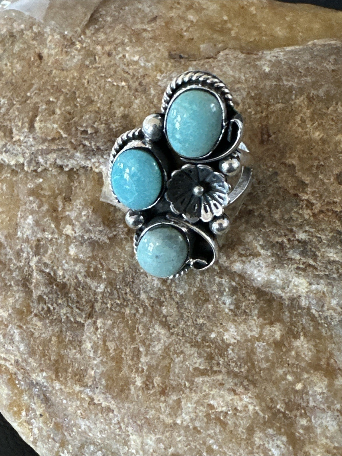 Yazzie Ring Green Turquoise Navajo Sterling Silver Cluster Size 8 19222