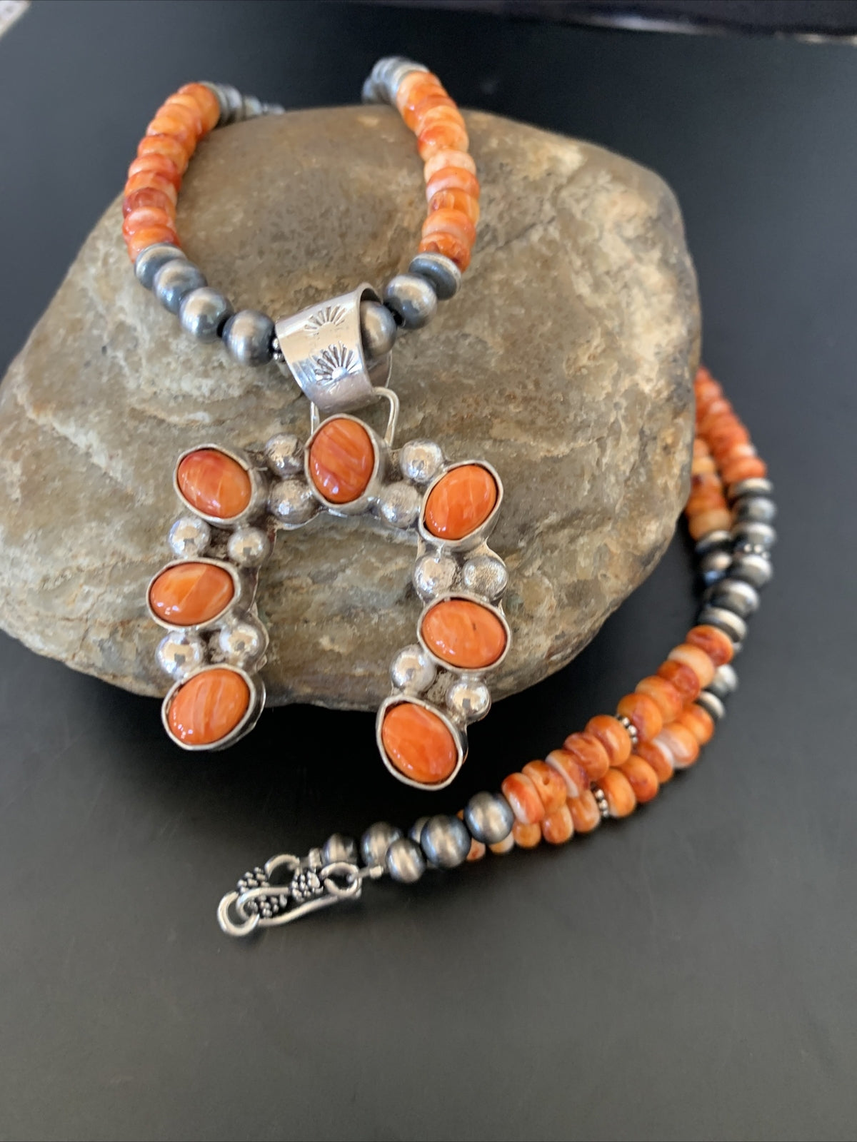Spiny Oyster Naja Pendant Navajo Pearls Sterling Silver Necklace 12091