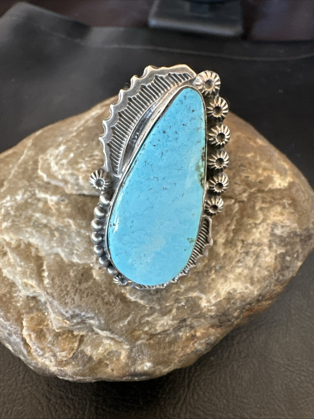 Navajo Sterling Silver Blue Kingman Turquoise Adjustable Ring Sz 7 18772