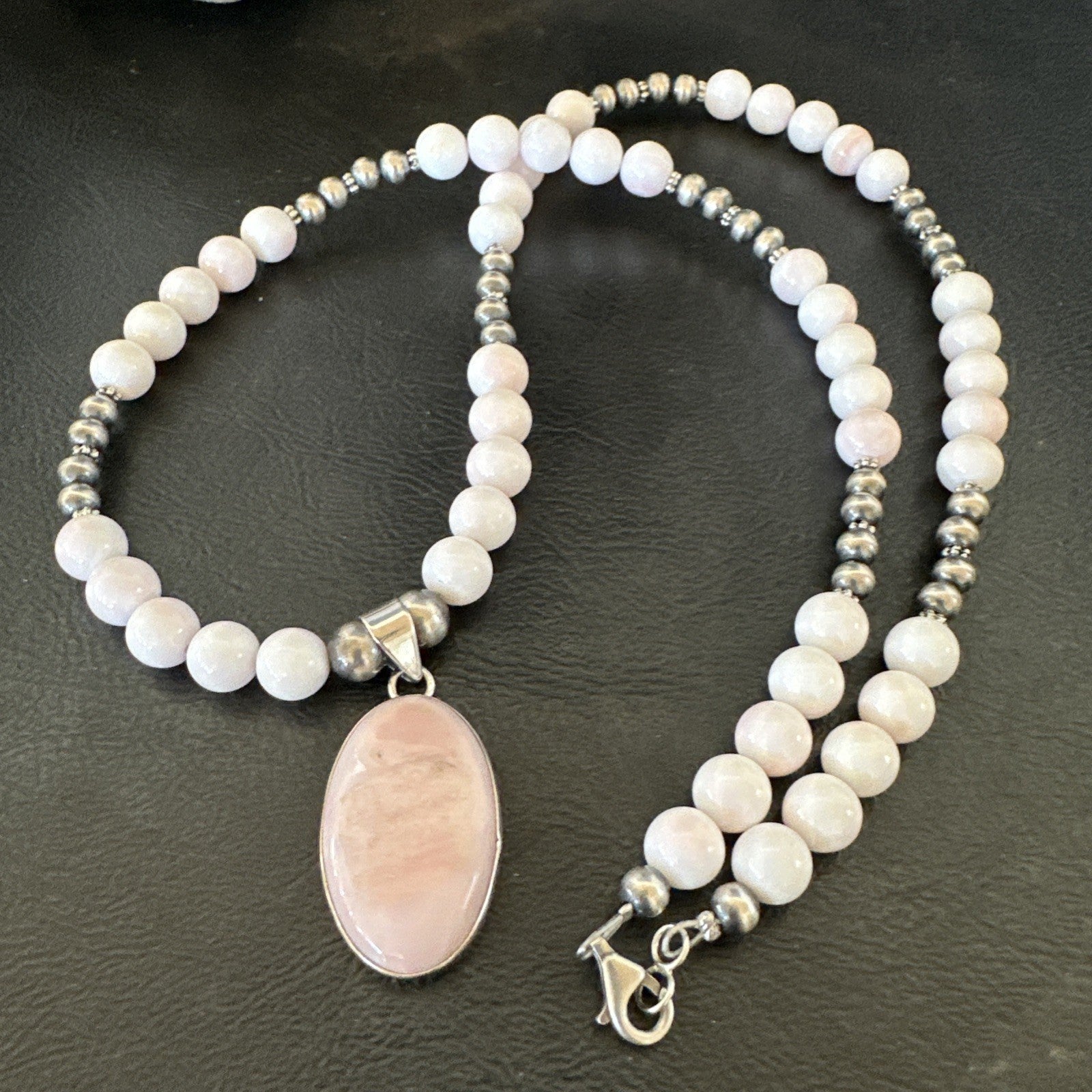 Southwestern Sterling Silver Pink Queen Conch Bead Necklace Pendant 20" 19581