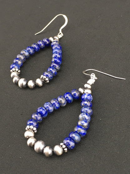 Blue Lapis Lazuli Bead Navajo Sterling Silver Dangle Earrings 2" 1250